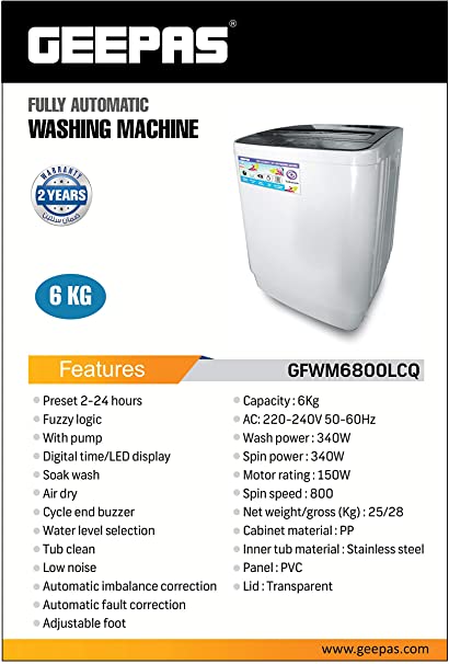 Geepas Fully Automatic Washing Machine 6kg GFWM6800LCQ In Bahrain | Halabh.com