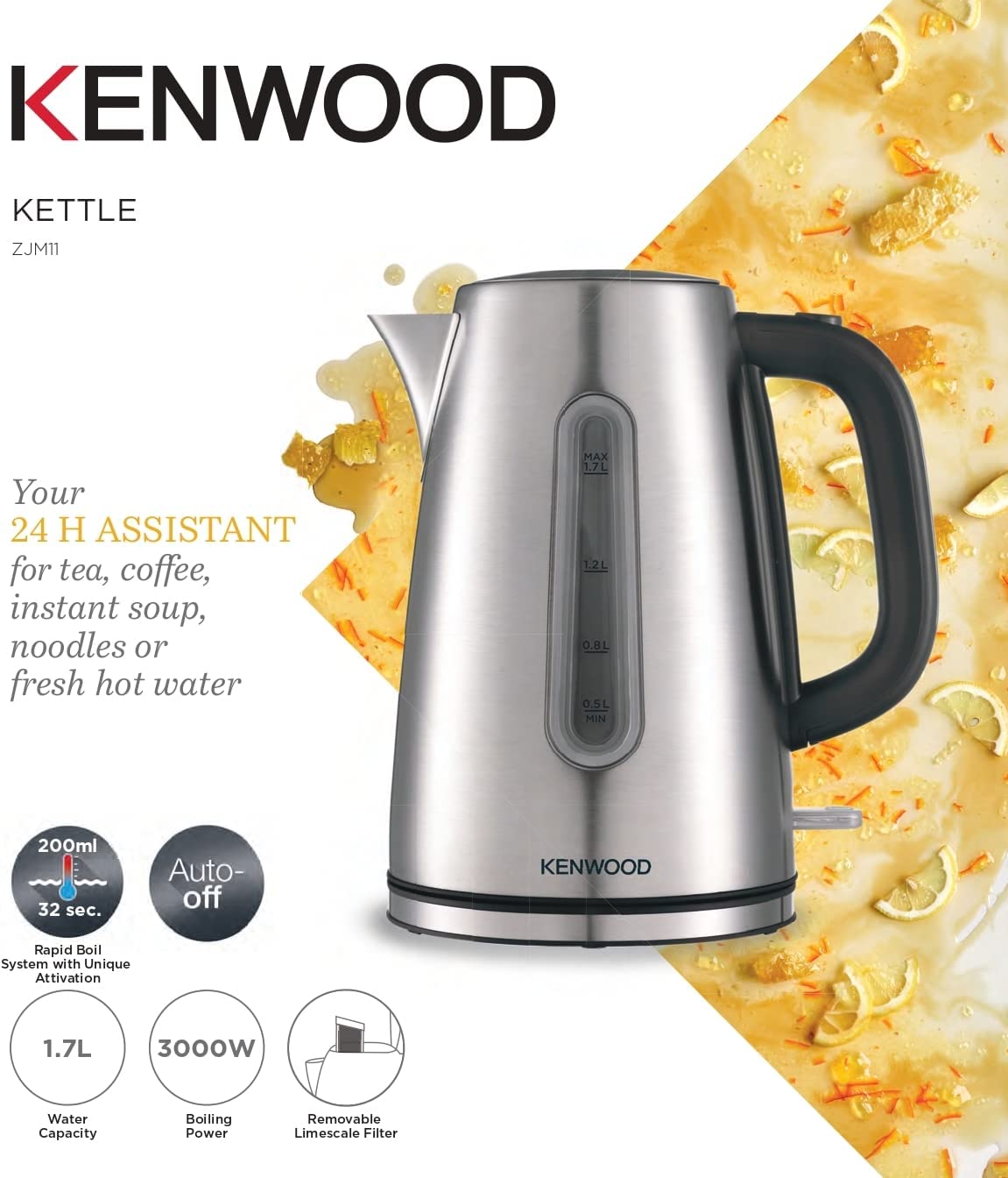 Kenwood Stainless Steel Kettle 1.7L Cordless Electric Kettle 3000W Silver Black