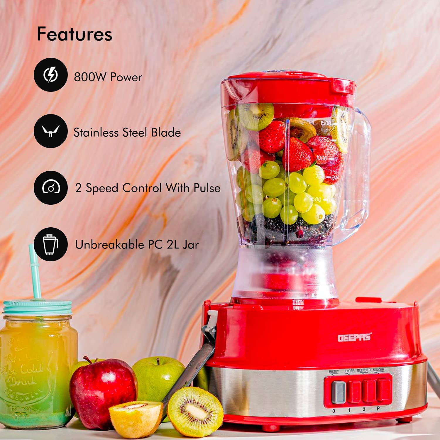 Geepas 4 In 1 Food Processor Multi Color 1.5 Liter Capacity