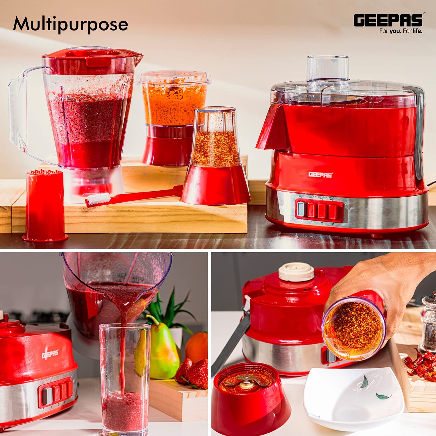 Geepas 4 In 1 Food Processor Multi Color 1.5 Liter Capacity