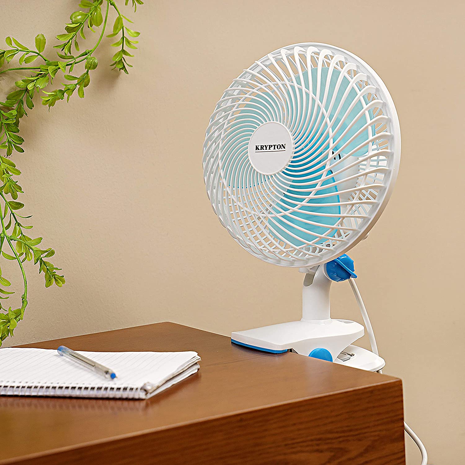 Krypton 8-Inch Oscillating Plastic Table Fan White & Blue | in Bahrain | Halabh.com