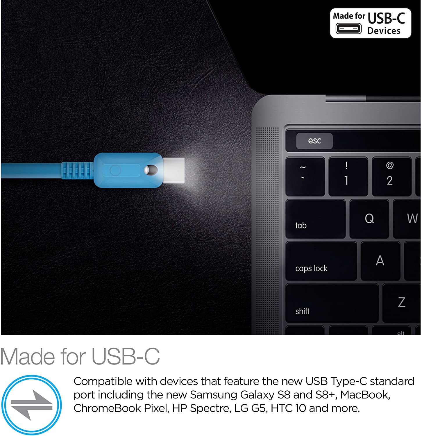 Naztech Led Usb A To USB C 2.0 Charge & Sync Cable With Touch Control 6Ft