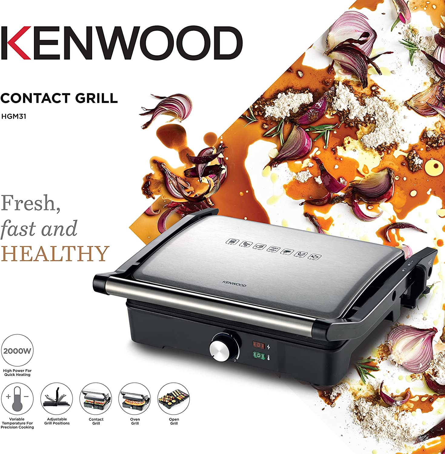 Kenwood Contact Grill 2000W Adjustable Grill Positions Silver