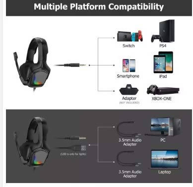 Onikuma K20 Camo Grey Gaming Headset with Surround Sound PS4 Headphones with Mic Works with Xbox One PC,RGB Lightweight Soft Earmuffs & Volume Control