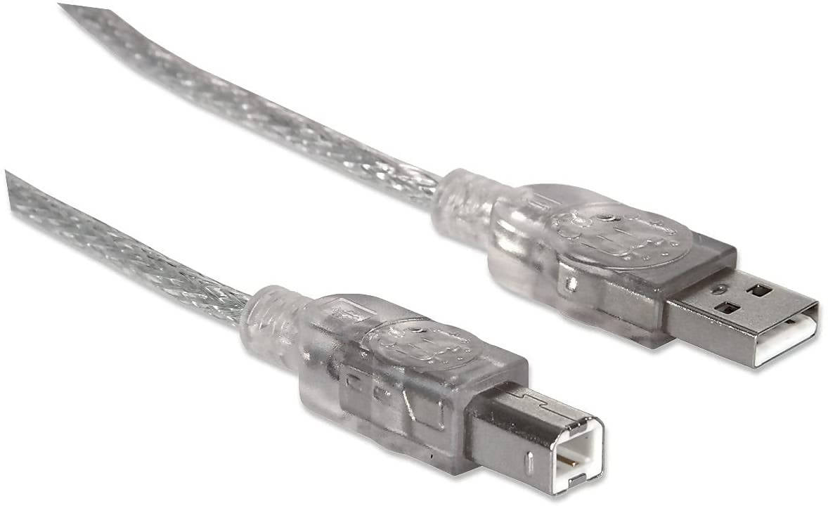 Manhattan A Male/B Male, 1.8m 6 Feet Translucent Silver Hi-Speed USB Device Cable