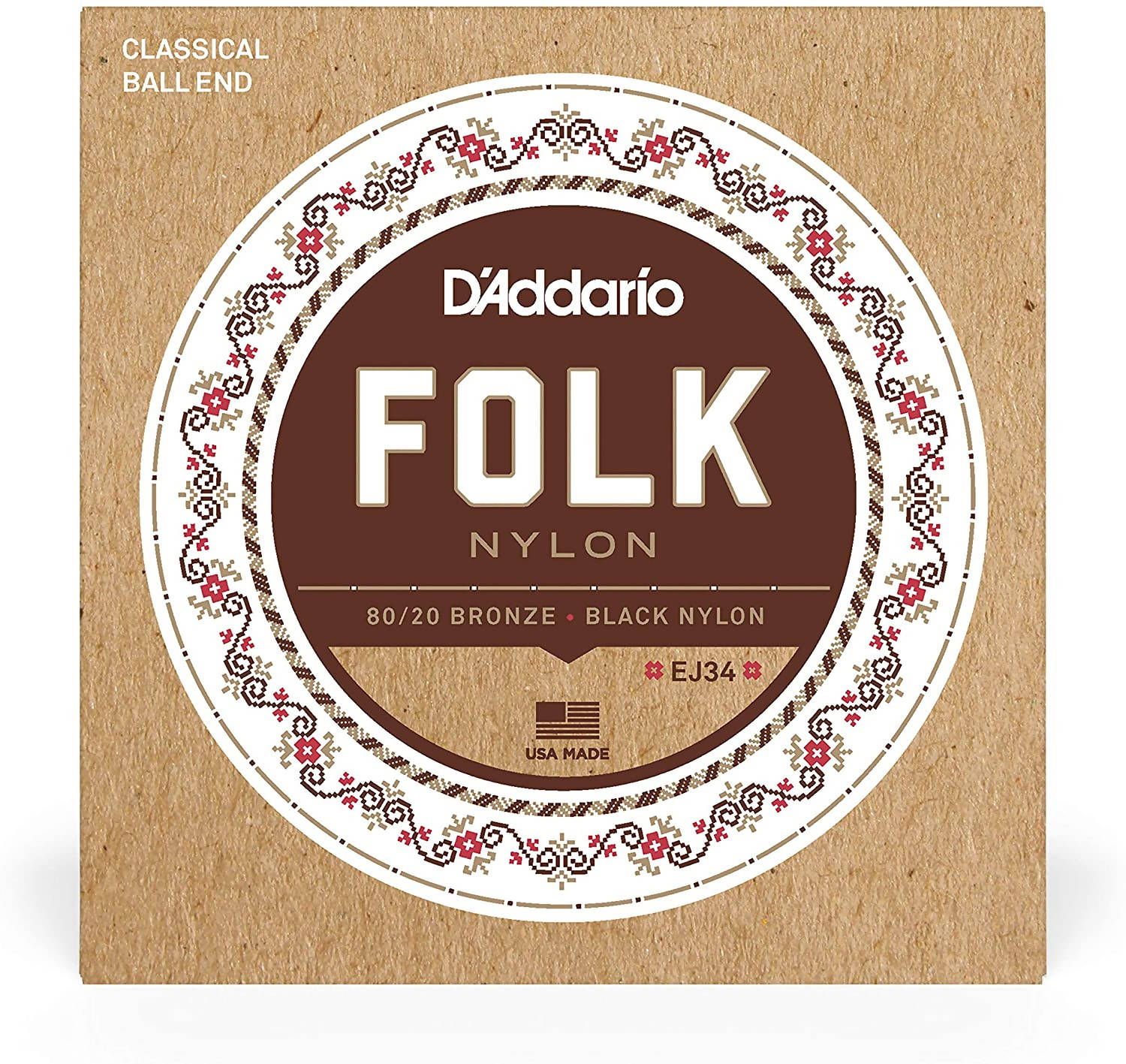 D Addario EJ34 Folk Nylon Guitar Strings Ball End Bronze Black Nylon Trebles