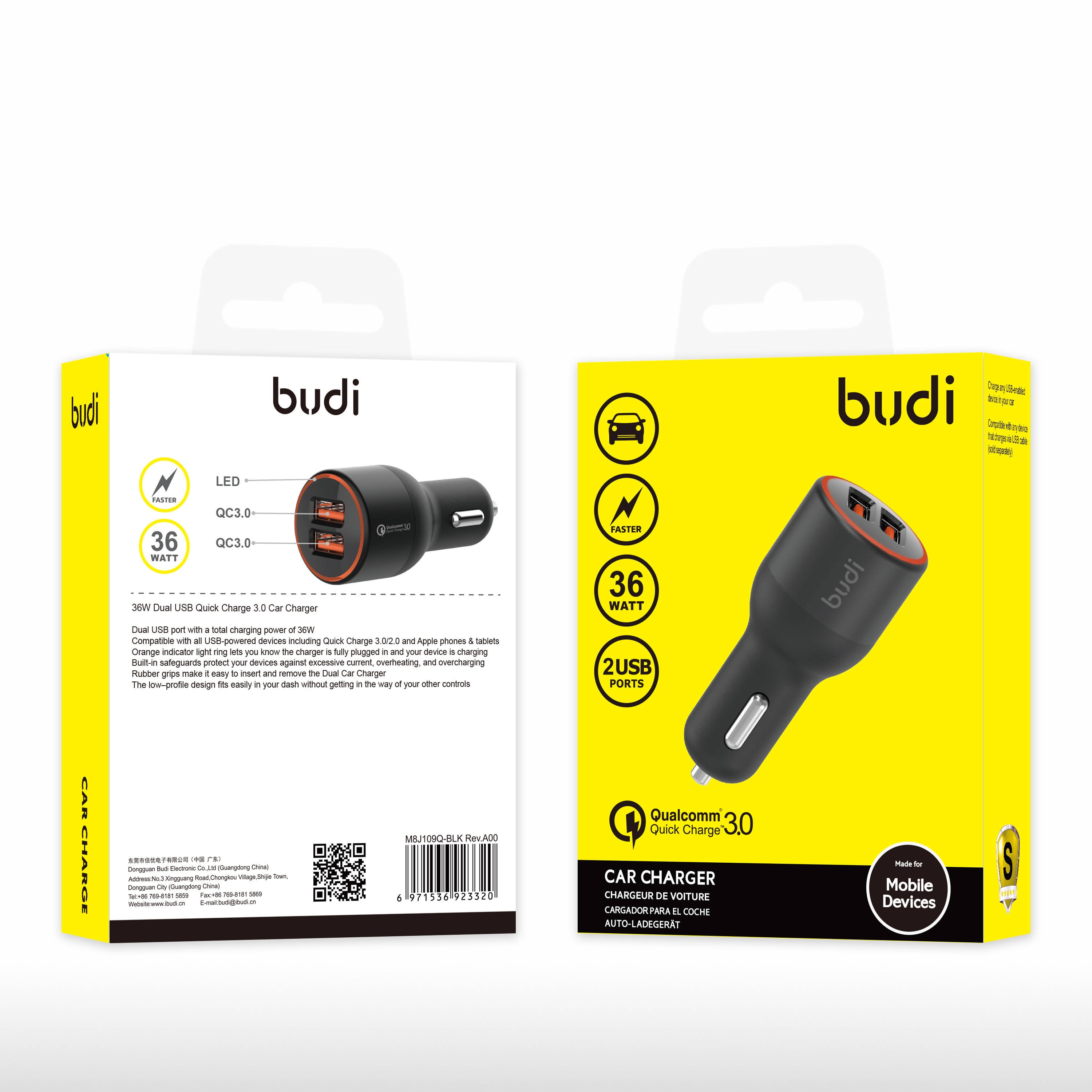 Budi 2 USB Ports 36W Dual USB Quick Car Charge 3.0 Car Charger Black